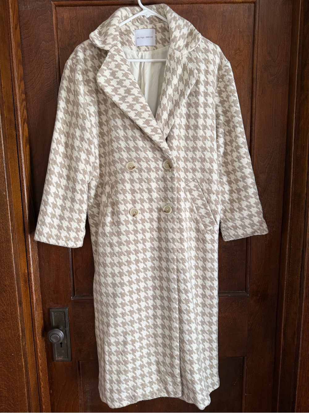 Neutral Ground Houndstooth Double-Breasted Trench Coat